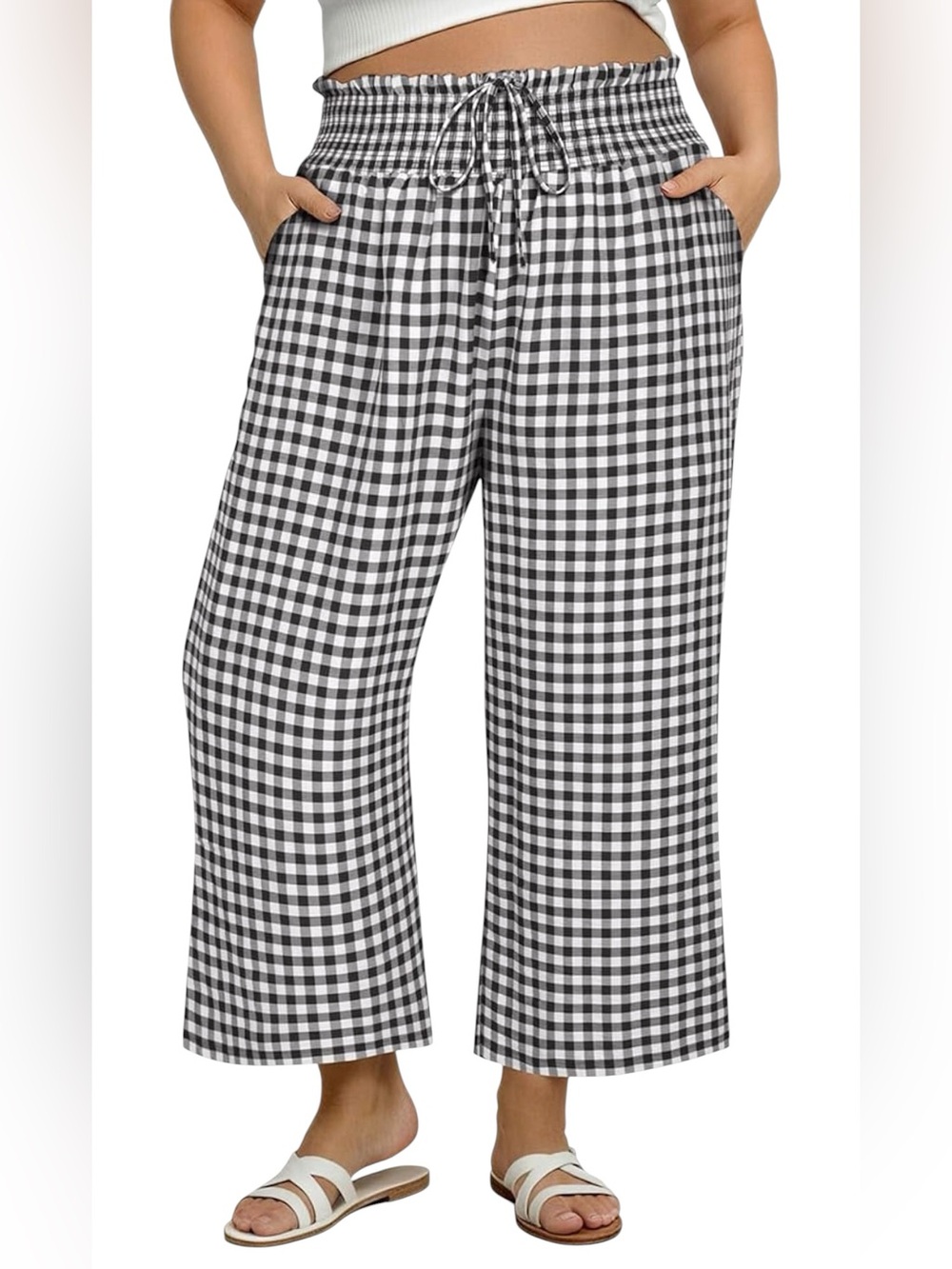 Gingham Summer Palazzo Wide Leg Pants Smocked High Waist Pockets Plus NWT